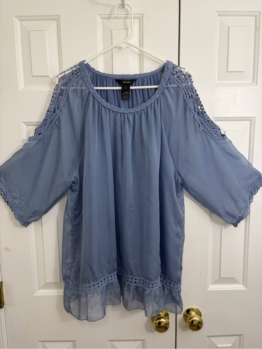 Ali Miles Dusty Blue Crochet Trim Scoop Neck Whimsical Flowy Tunic Top XL